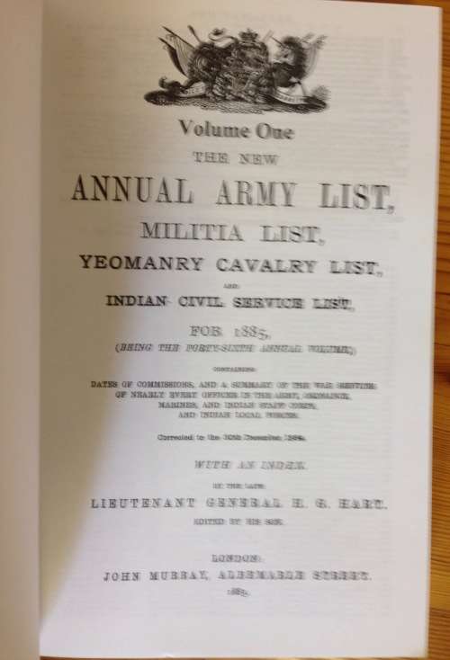HART`S ANNUAL ARMY LIST 1885 VOLUMES 1 + 2 NAVAL + MILITARY PRESS REFERENCE BOOK REPRINTED PAPERBACK
