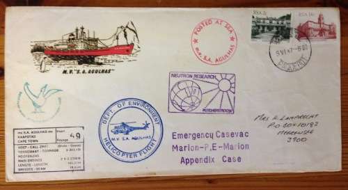 ANTARCTIC MARION ISLAND EMERGENCY CASE CACHET 1987 PAQUEBOT CAPE TOWN SHIP NEUTRON VOYAGE 49 RSA