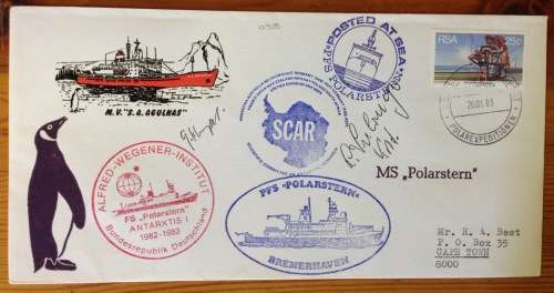 ANTARCTIC PFS POLARSTERN MV SA AGULHAS 1982-3 POSTED AT SEA SCAR SIGNED BY 2 CAPTAINS WEGENER INST.