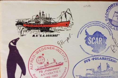 ANTARCTIC PFS POLARSTERN MV SA AGULHAS 1982-3 POSTED AT SEA SCAR SIGNED BY 2 CAPTAINS WEGENER INST.
