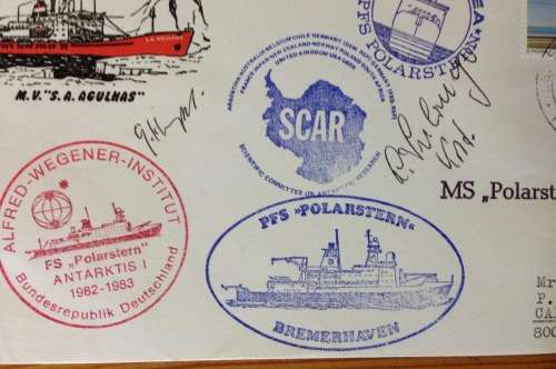 ANTARCTIC PFS POLARSTERN MV SA AGULHAS 1982-3 POSTED AT SEA SCAR SIGNED BY 2 CAPTAINS WEGENER INST.