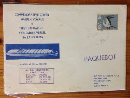 COMMEMORATIVE COVER MAIDEN VOYAGE 1st SAFMARINE VESSEL SA LANGEBERG 1977 PAQUEBOT POSTED AT SEA SHIP