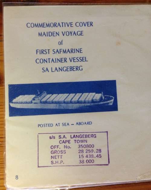 COMMEMORATIVE COVER MAIDEN VOYAGE 1st SAFMARINE VESSEL SA LANGEBERG 1977 PAQUEBOT POSTED AT SEA SHIP