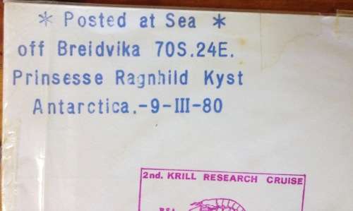 ANTARCTIC POSTED AT SEA off BREIDVIKA 1980 CAPE TOWN PAQUEBOT 2nd KRILL RESEARCH CRUISE AGULHAS