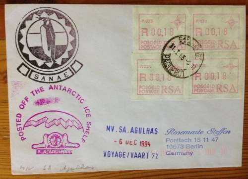 ANTARCTIC FRAMA LABELS ICE SHELF SANAE 1982 PAQUEBOT CAPE TOWN PENGUIN SA AGULHAS SHIP VOYAGE 77 RSA
