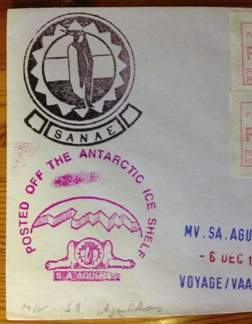ANTARCTIC FRAMA LABELS ICE SHELF SANAE 1982 PAQUEBOT CAPE TOWN PENGUIN SA AGULHAS SHIP VOYAGE 77 RSA