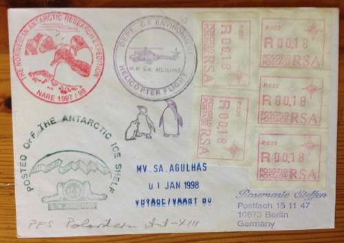 ANTARCTIC FRAMA LABELS ICE SHELF SANAP 1998 PENGUIN SA AGULHAS SHIP VOYAGE 99 RSA HELICOPTER NORWAY.