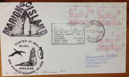ANTARCTIC FRAMA LABELS MARION ISLAND 1993 SA AGULHAS POSTED OFF PRINCE EDWARD ISLAND RSA PENGUINS.