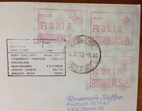 ANTARCTIC FRAMA LABELS MARION ISLAND 1993 SA AGULHAS POSTED OFF PRINCE EDWARD ISLAND RSA PENGUINS.