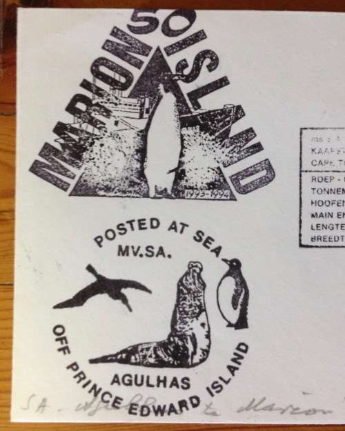 ANTARCTIC FRAMA LABELS MARION ISLAND 1993 SA AGULHAS POSTED OFF PRINCE EDWARD ISLAND RSA PENGUINS.