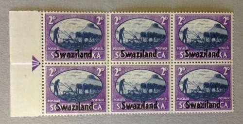 SWAZILAND 1945 VICTORY ISSUE SOUTH AFRICA STAMP OVERPRINTED 2d ARROW BLOCK of 6 SACC 39 Cattle FARM.