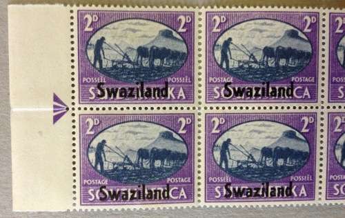 SWAZILAND 1945 VICTORY ISSUE SOUTH AFRICA STAMP OVERPRINTED 2d ARROW BLOCK of 6 SACC 39 Cattle FARM.