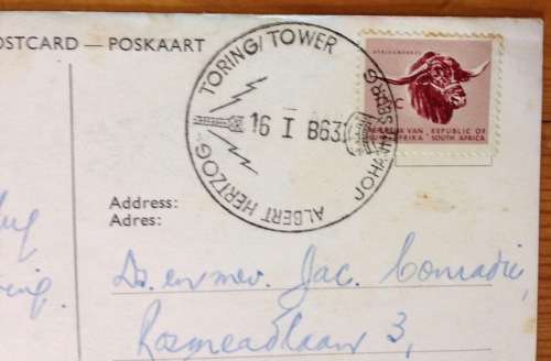POSTCARD POST CARD COLOUR ALBERT HERTZOG TOWER JOHANNESBURG SPECIAL TOWER DATE STAMP 16.I.1963 BULL.