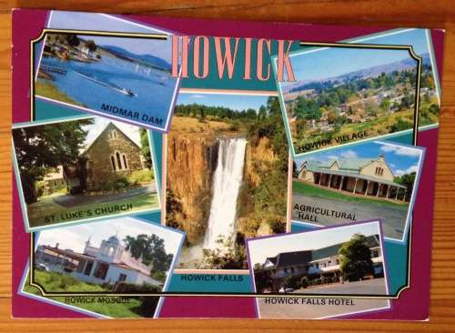 POSTCARD POST CARD COLOUR HOWICK NATAL MIDMAR DAM FALLS MOSQUE HOTEL VILLAGE ST. LUKES CHURCH.