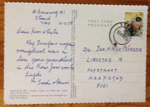 POSTCARD POST CARD GORDONS BAY CAPE TOWN BOATS FISHING MOORING HARBOUR PROTEA FLOWER.
