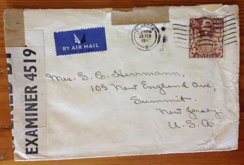 WWII CENSORED MAIL 1942 OPENED BY EXAMINER 4519 GLASGOW SCOTLAND to NEW JERSEY USA AIRMAIL LETTER.