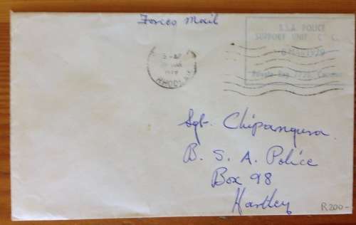 BRITISH SOUTH AFRICA POLICE FORCES MAIL B.S.A. POLICE SUPPORT UNIT CACHET 1979 HARTLEY RHODESIA.