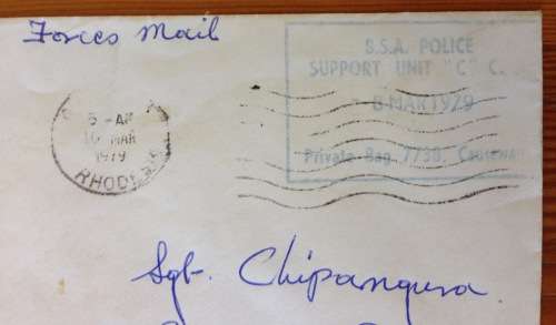 BRITISH SOUTH AFRICA POLICE FORCES MAIL B.S.A. POLICE SUPPORT UNIT CACHET 1979 HARTLEY RHODESIA.