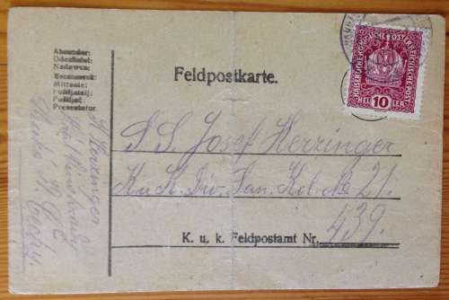 FELDPOSTKARTE 439 x 4 AUSTRIA WWI ÖSTERREICH FIELD POST CARD 1918 to CZECHOSLOVAKIA WORLD WAR ONE.