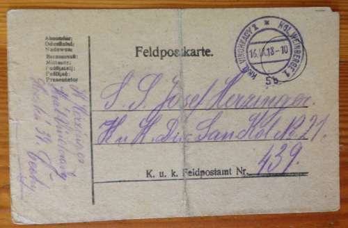 FELDPOSTKARTE 439 x 4 AUSTRIA WWI ÖSTERREICH FIELD POST CARD 1918 to CZECHOSLOVAKIA WORLD WAR ONE.