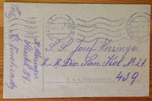 FELDPOSTKARTE 439 x 4 AUSTRIA WWI ÖSTERREICH FIELD POST CARD 1918 to CZECHOSLOVAKIA WORLD WAR ONE.