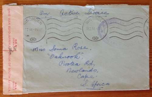 ON ACTIVE SERVICE OPENED BY CENSOR WINDHOEK SOUTH WEST AFRICA KIMBERLEY REGIMENT to SA 1941 WWII.