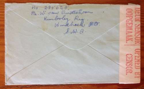 ON ACTIVE SERVICE OPENED BY CENSOR WINDHOEK SOUTH WEST AFRICA KIMBERLEY REGIMENT to SA 1941 WWII.