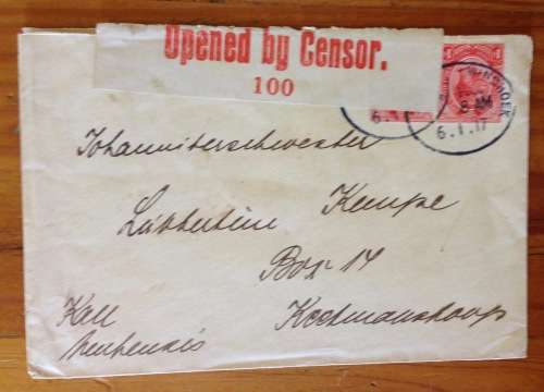 OPENED BY CENSOR 100 WINDHOEK POST 1917 SOUTH WEST AFRICA WWI to KEETMANSHOOP.