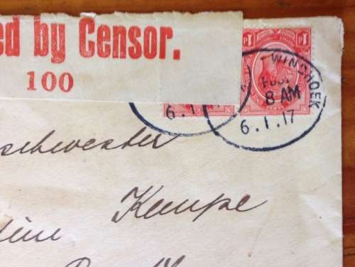 OPENED BY CENSOR 100 WINDHOEK POST 1917 SOUTH WEST AFRICA WWI to KEETMANSHOOP.