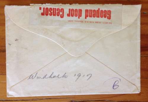 OPENED BY CENSOR 100 WINDHOEK POST 1917 SOUTH WEST AFRICA WWI to KEETMANSHOOP.