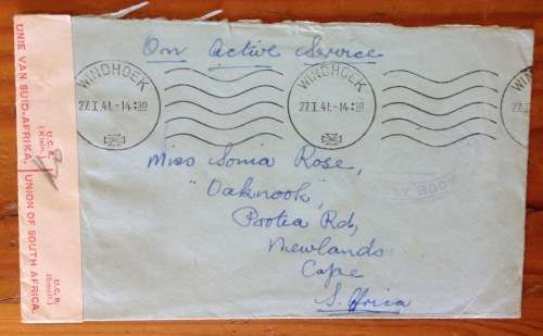 ON ACTIVE SERVICE OPENED BY CENSOR WINDHOEK SOUTH WEST AFRICA KIMBERLEY REGIMENT to SA 1941 WWII.b.