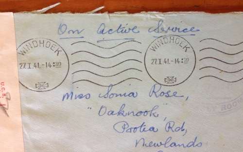 ON ACTIVE SERVICE OPENED BY CENSOR WINDHOEK SOUTH WEST AFRICA KIMBERLEY REGIMENT to SA 1941 WWII.b.