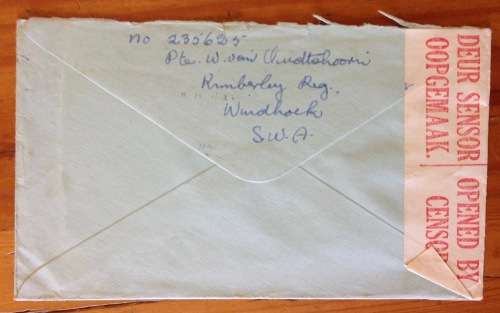 ON ACTIVE SERVICE OPENED BY CENSOR WINDHOEK SOUTH WEST AFRICA KIMBERLEY REGIMENT to SA 1941 WWII.b.