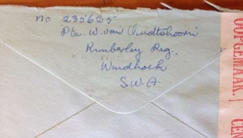ON ACTIVE SERVICE OPENED BY CENSOR WINDHOEK SOUTH WEST AFRICA KIMBERLEY REGIMENT to SA 1941 WWII.b.