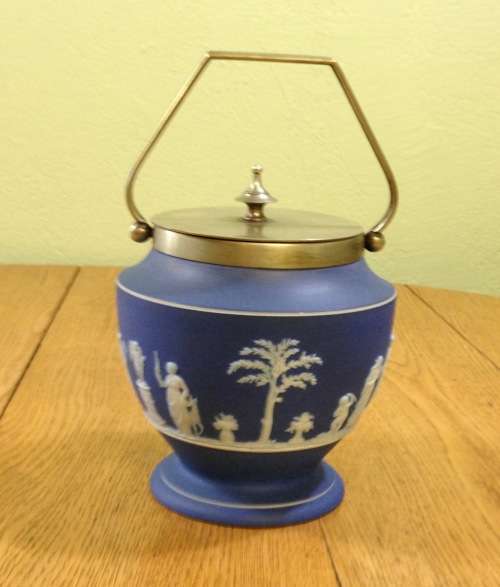 WEDGWOOD=BISCUIT BARREL=BLUE and WHITE=EPNS REMOVABLE LID and HANDLE.