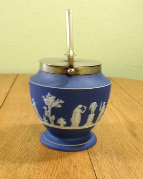 WEDGWOOD=BISCUIT BARREL=BLUE and WHITE=EPNS REMOVABLE LID and HANDLE.
