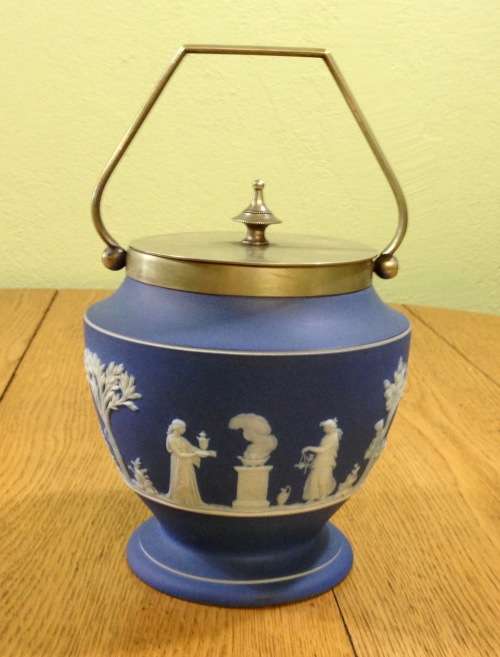 WEDGWOOD=BISCUIT BARREL=BLUE and WHITE=EPNS REMOVABLE LID and HANDLE.