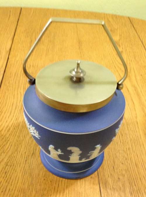 WEDGWOOD=BISCUIT BARREL=BLUE and WHITE=EPNS REMOVABLE LID and HANDLE.