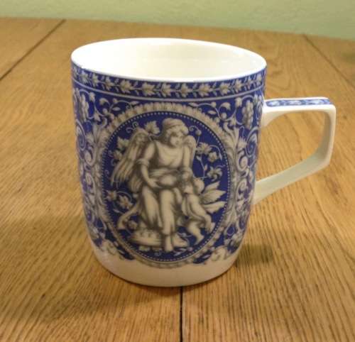 MUG PORCELAIN TEA COFFEE BLUE and WHITE ANGEL PATTERN GREEK STYLE STUNNING EXCELLENT CONDITION!!!!