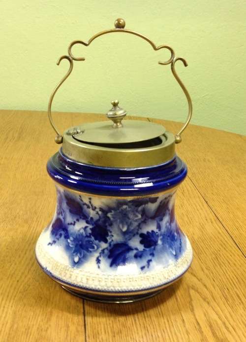 WILLIAM WOOD and Co. ENGLAND BISCUIT BARREL BLUE and WHITE EPNS LID and HANDLE SCARCE!!! READ NOTES.
