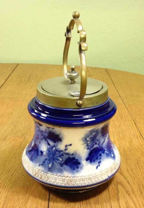 WILLIAM WOOD and Co. ENGLAND BISCUIT BARREL BLUE and WHITE EPNS LID and HANDLE SCARCE!!! READ NOTES.