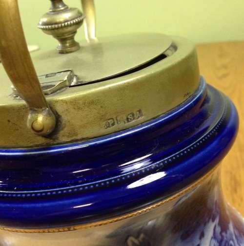 WILLIAM WOOD and Co. ENGLAND BISCUIT BARREL BLUE and WHITE EPNS LID and HANDLE SCARCE!!! READ NOTES.