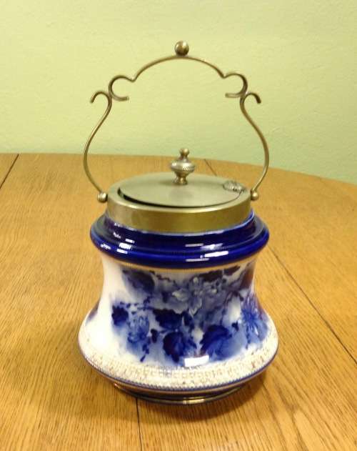 WILLIAM WOOD and Co. ENGLAND BISCUIT BARREL BLUE and WHITE EPNS LID and HANDLE SCARCE!!! READ NOTES.