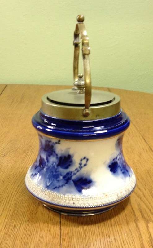 WILLIAM WOOD and Co. ENGLAND BISCUIT BARREL BLUE and WHITE EPNS LID and HANDLE SCARCE!!! READ NOTES.