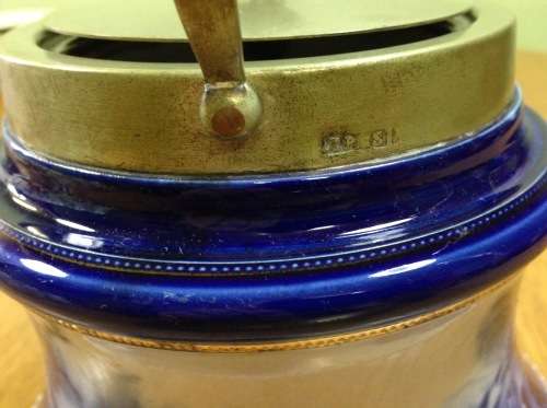 WILLIAM WOOD and Co. ENGLAND BISCUIT BARREL BLUE and WHITE EPNS LID and HANDLE SCARCE!!! READ NOTES.