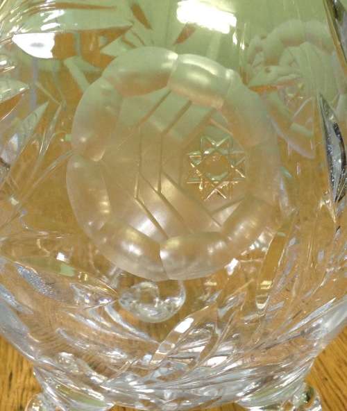 VASE=FOOTED=3 FEET=CRYSTAL=ROSE-CUT PATTERN=FLOWERS=FLORAL.