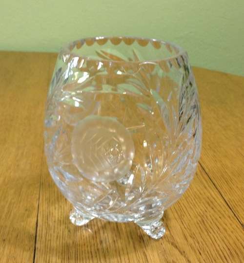 VASE=FOOTED=3 FEET=CRYSTAL=ROSE-CUT PATTERN=FLOWERS=FLORAL.