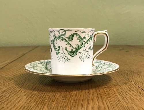 DEMITASSE=COFFEE CUP + SAUCER=EXPRESSO=ROYAL CROWN DERBY=RUTLAND PATTERN=GREEN=A495=FLORAL=STUNNING!