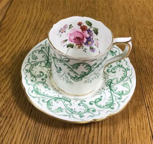 DEMITASSE=COFFEE CUP + SAUCER=EXPRESSO=ROYAL CROWN DERBY=RUTLAND PATTERN=GREEN=A495=FLORAL=STUNNING!