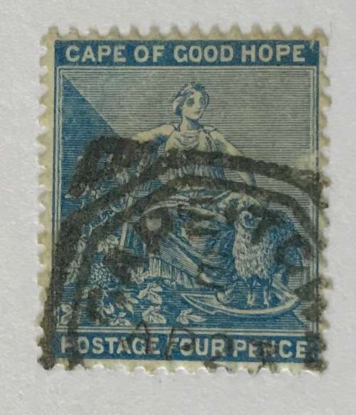 CAPE TOWN cancellations=COMPASS WHEEL=1 penny red CGH=SQUARED OCTAGON=4 penny blue=PUTZEL 58 + 60.